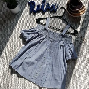 Cute, off the shoulder, blue striped blouse.